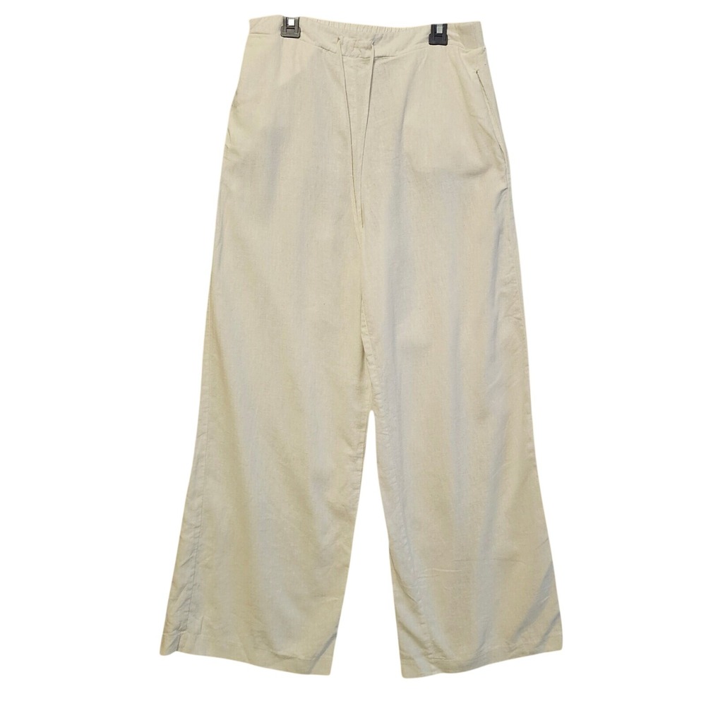 Versona Womens Linen Blend Wide Leg Pants Ivory Elastic Waist Small